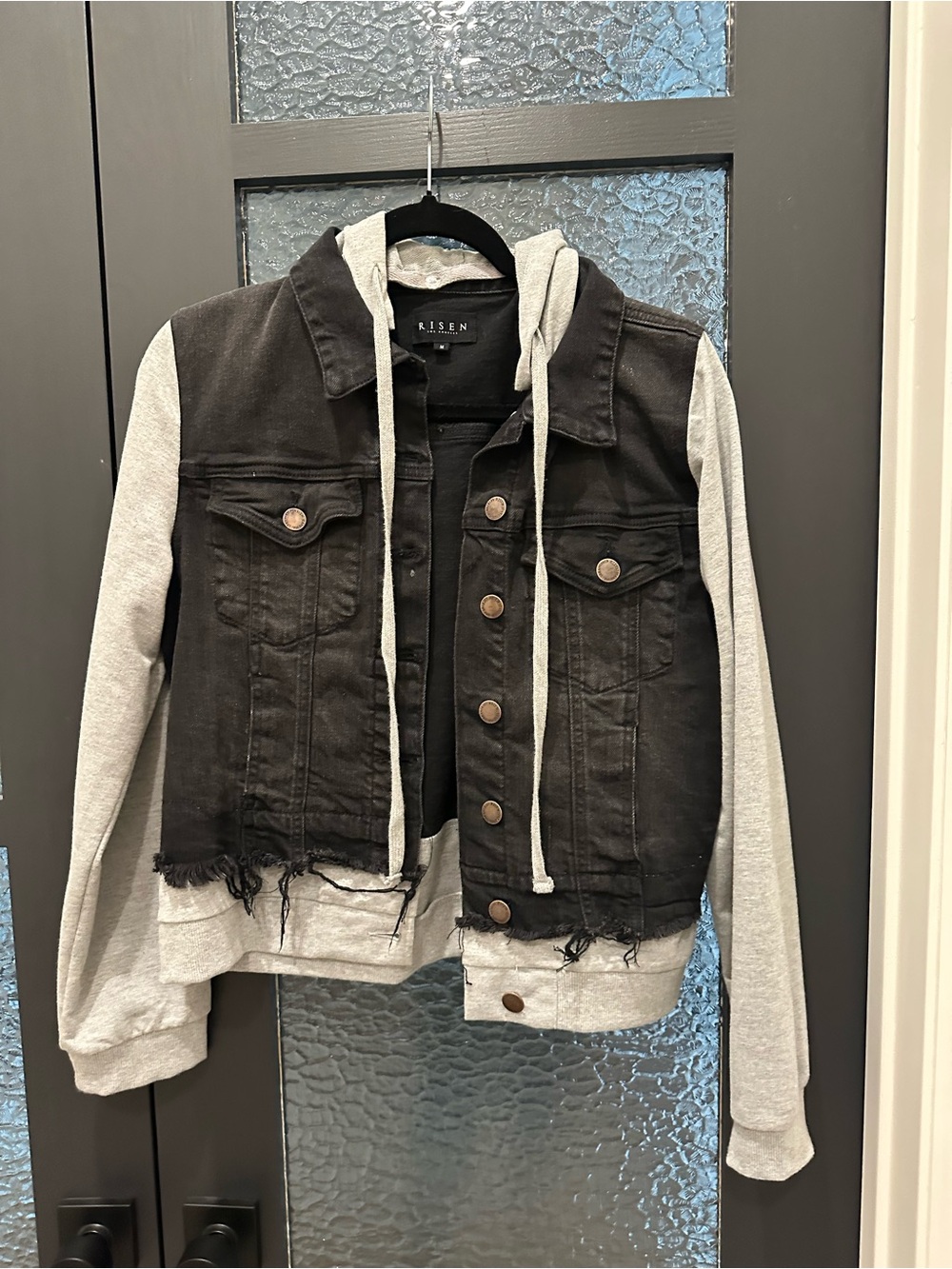 RISEN Black Denim Jacket Hoodie Combo Distressed Crop Jacket Size Medium